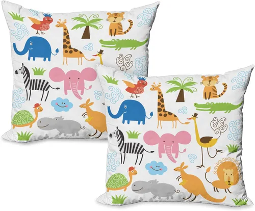Vista 8 de Ambesonne Paquete de 2 fundas de cojín de animales, diseño de jirafa, elefante, cebra, tortuga, niños, guardería, estampado de dibujos animados