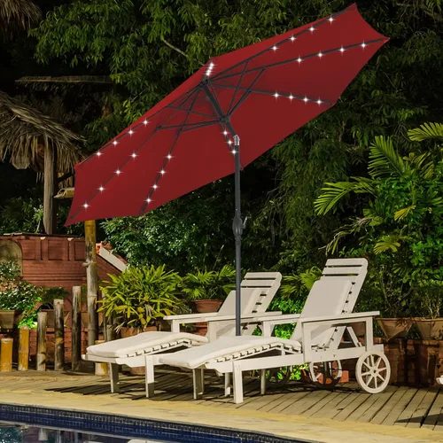 Vista 9 de Sombrilla solar de patio de 10 pies con base, 32 luces LED, sombrilla de mercado al aire libre con botón de inclinación y grietas para jardín Azul