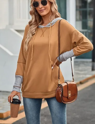 Vista 6 de SEBOWEL Sudaderas con capucha para mujer, de punto gofre, con cordón, con cordón, casual, manga larga, con bolsillo