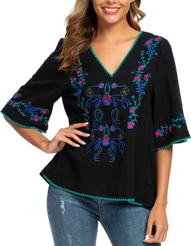 Vista 2 de YZXDORWJ Blusas estilo túnica mexicanas con bordado bohemio de verano para mujer