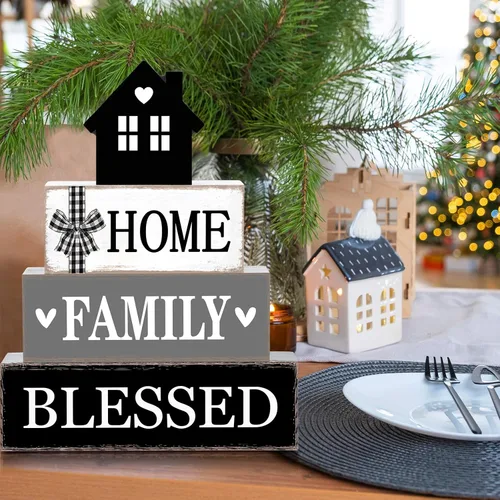 Vista 6 de Cinnvoice Decoración rústica de mesa de granja, letreros de bendición para decoración del hogar, letrero de madera neutral para la familia, centro
