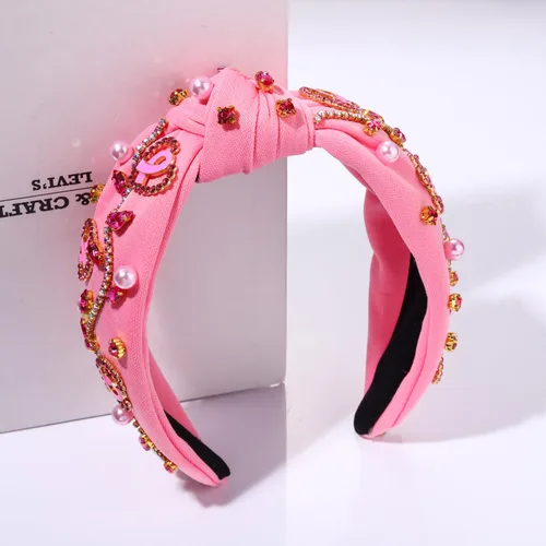 Vista 4 de boderier Diademas de concientización sobre el cáncer de mama para mujer, diadema anudada de cristal, diadema de corazón rosa con cinta de amor