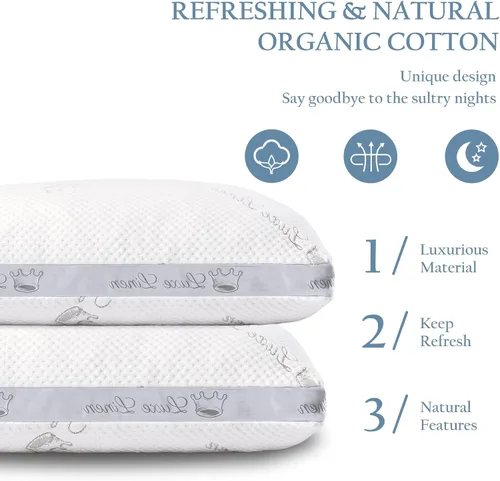 Vista 4 de Almohada de cama de algodón orgánico tamaño estándar Almohada ajustable de espuma viscoelástica triturada para dormir lateral y estómago, paquete