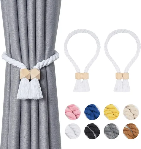 Vista 27 de NICEEC 2 Pack de Alzapaños Magnéticos de Madera en Forma de Cubo Boho para Decoración del Hogar, Alzapaños de Lino Tejidos a Mano para Cortinas Beige