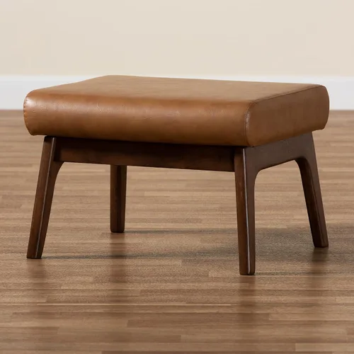 Vista 9 de Baxton Studio Bianca Mid-Century - Otomana moderna con acabado de madera y piel sintética marrón nogal