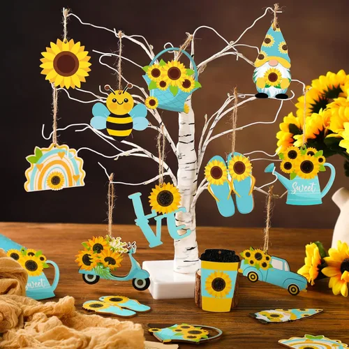 Vista 2 de Chunful Adorno de árbol de gnomo de girasol de verano, adornos colgantes de madera para primavera, decoración de árbol pequeño con cuerda