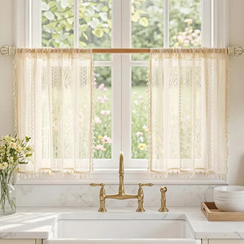Vista 16 de MYSKY HOME Cortinas de encaje beige para puerta francesa de 40 pulgadas de largo, 2 paneles de cortinas florales bohemias transparentes para puerta