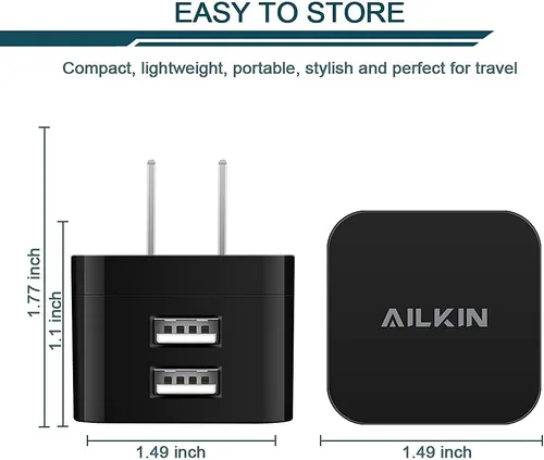 Vista 2 de 2 paquetes de cargadores de pared USB, bloque de carga rápida de 2.4A de doble puerto cuadrado plano, adaptador de corriente AC, estación de carga