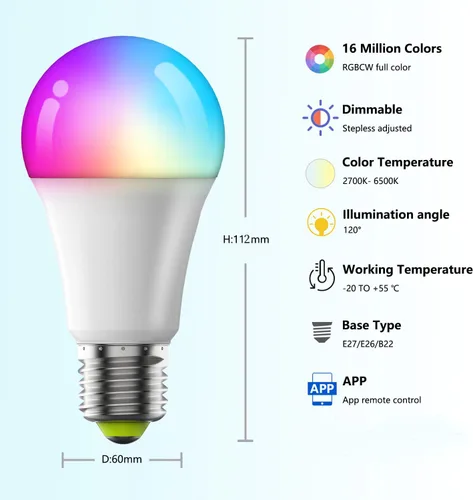 Vista 2 de Bombillas LED inteligentes, bombillas Bluetooth, bombillas RGB+CCT que cambian de color con control de aplicación, A19, E26, sincronización