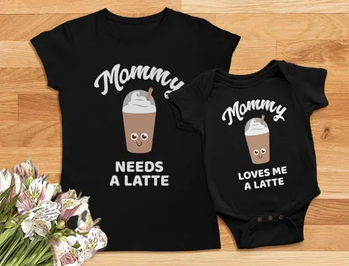 Vista 4 de Mommy and Me Camisas Regalos para Mamá Divertidos Latte Mamá y Bebé Trajes a juego Coffee