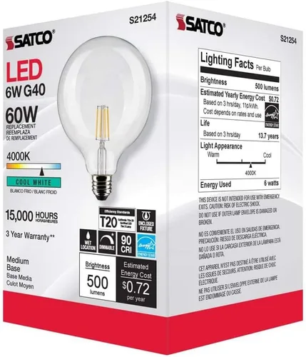 Vista 8 de Satco 6Pk 6w G40 Globo Filamento LED 4000K Base Mediana Regulable - 60W Equiv