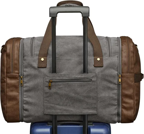 Vista 5 de S-ZONE Bolsa de lona de 65L para viajes durante la noche, bolsa de lona con compartimento para zapatos para hombres y mujeres, Gris, Bolsa de lona