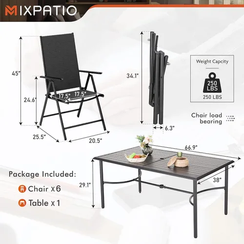 Vista 2 de MIXPATIO Juego de comedor de patio de 7 piezas, juego de muebles para exteriores con mesa de comedor rectangular de metal con revestimiento Negro