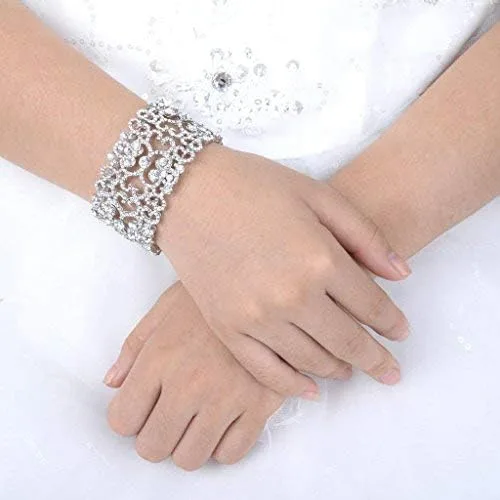 Vista 5 de EVER FAITH Pulsera elástica de cristal austríaco con corazón Art Deco para mujer, transparente