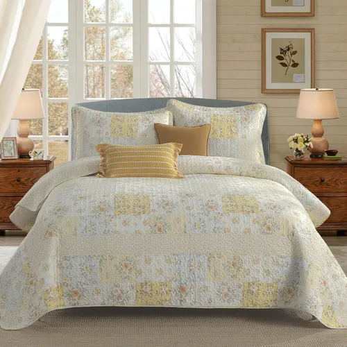 Vista 9 de DDUOXIN - Colcha reversible tamaño King de 100 % algodón, colcha floral a cuadros 120x120 Quilted Bed Spread with 2 Pillow Shams, Farmhouse