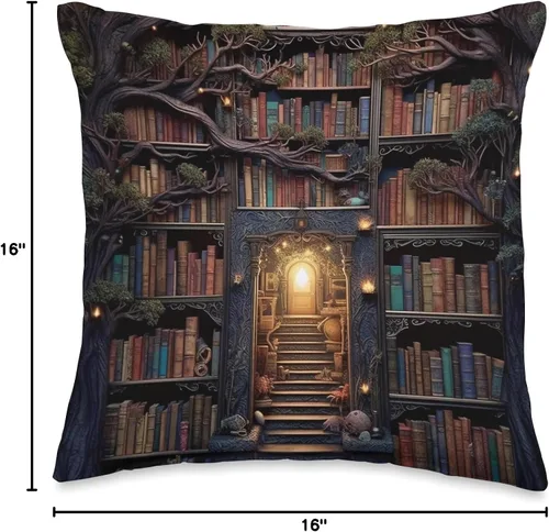 Vista 4 de Books Library Reading Book Shelves Bookworm Forest Library - Almohada vintage para libros de lectura, diseño de bosque de biblioteca, 16 x 16