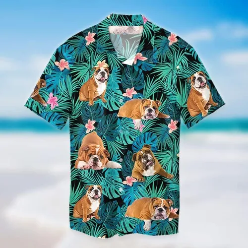 Vista 2 de LEVENTINO Camisa hawaiana de verano de Bulldog Inglés, camisa de manga corta con botones para verano, amante de los perros DG124h19, Multi, XXL