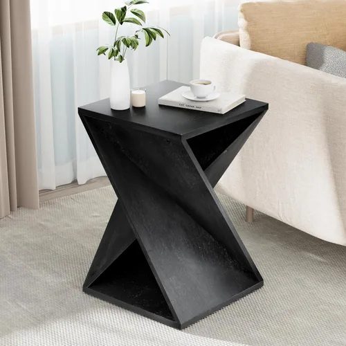 Vista 8 de COZAYH Mesa auxiliar cuadrada de madera maciza estilo granja, soporte rústico para plantas con diseño trenzado para sala de estar, dormitorio, Negro