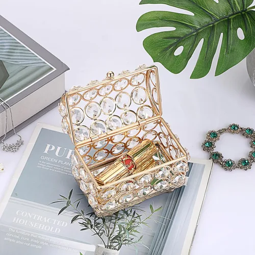 Vista 3 de Hipiwe Caja de joyería de cristal, caja dorada con espejo del tesoro, pequeña caja de recuerdos, vitrina decorativa para joyas, organizador
