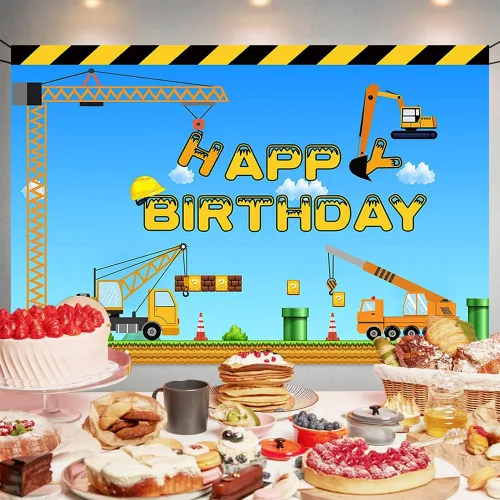 Vista 2 de Tema de construcción feliz cumpleaños telón de fondo camión volquete grúa fiesta de cumpleaños banner excavadora camión fotografía fondo niños