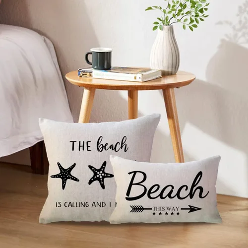 Vista 4 de ULOVE LOVE YOURSELF Juego de 2 fundas de almohada decorativas de playa negra con cita / estrellas de mar y estrellas de mar, fundas de almohada Negro