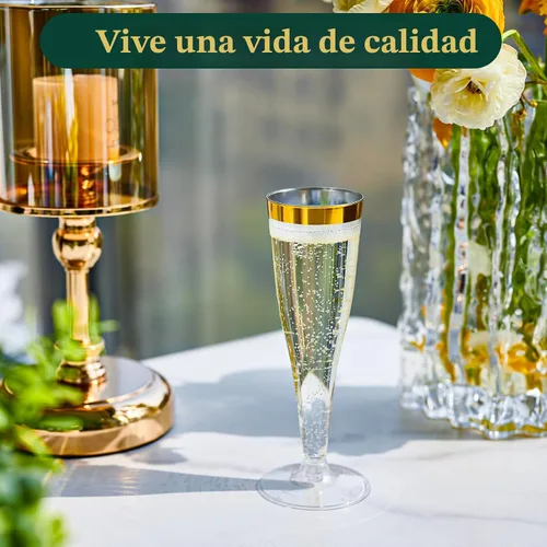 Vista 6 de FOCUSLINE Paquete de 100 Copas de Champán de Plástico, Copas de Champán de Plástico con Borde Dorado de 4.5 Onzas, Copas Transparentes Desechables