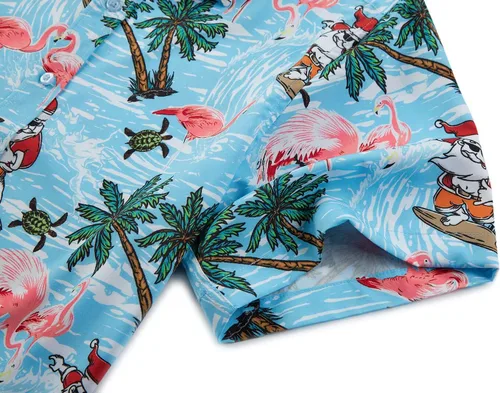 Vista 6 de GRTXIN Camisas de Navidad para hombre, camisa hawaiana de Papá Noel para vacaciones, camisas de vestir de manga corta con botones
