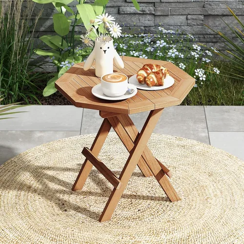 Vista 2 de RELAX4LIFE Mesa auxiliar plegable para exteriores, mesa auxiliar de madera de teca, mesa de café octogonal con mesa de listones, mesa de campamento