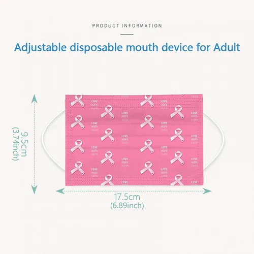 Vista 6 de Paquete de 50 mascarillas desechables para concientización del cáncer de mama, máscaras de cinta rosa para mujeres y adultos, protección facial de 3