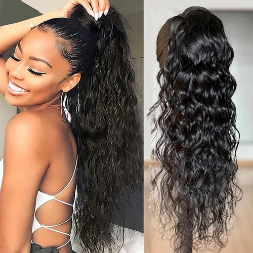 Vista 16 de Cola de caballo de cabello humano rizado con cordón brasileño Remy Extensin 3C Kinky Curly Hair Clip en pieza de pelo color natural sedoso suave 10