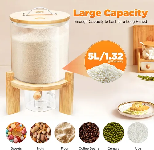 Vista 4 de Dispensador de arroz de 5L/7.5L, dispensador de alimentos secos, contenedor de almacenamiento de granos, tanque de vidrio con válvula+tapa+taza