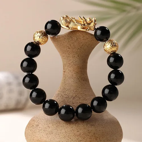 Vista 2 de Pulsera Feng Shui Pixiu de obsidiana negra para hombres y mujeres, pulsera de Feng Shui para buena suerte y riqueza