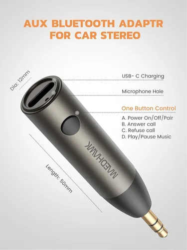 Vista 6 de MaedHawk Adaptador auxiliar Bluetooth de coche 0.209 in Receptor de audio inalámbrico para automóvil Micrófono mejorado integrado para llamadas