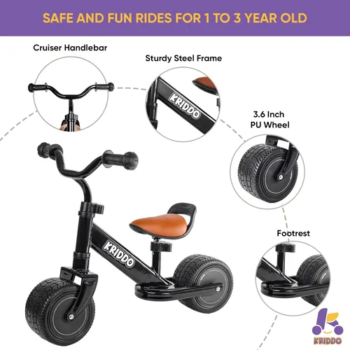 Vista 3 de KRIDDO Bicicleta de Equilibrio para Niños de 1-2 Años, Mini Crucero para el Primer Cumpleaños, Negro