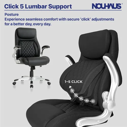 Vista 6 de Nouhaus +Posture Silla ergonómica de oficina de cuero PU. Soporte lumbar Click5 con apoyabrazos FlipAdjust. Silla ejecutiva moderna y silla de Negro