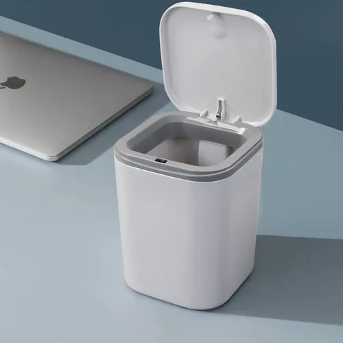 Vista 4 de Vababa Cubo de basura pequeño gris de 0.5 galones, mini bote de basura con botón