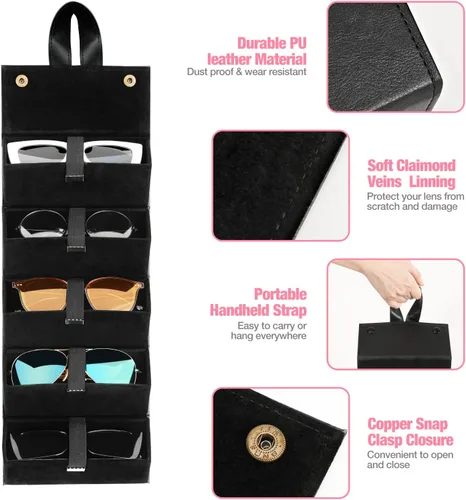 Vista 3 de MoKo - Organizador de gafas de sol con 5 ranuras, estuche de viaje para gafas de sol portátil, estuche de almacenamiento para mujeres y hombres