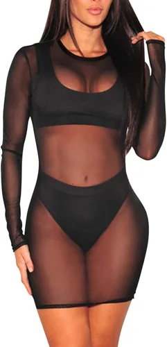 Vista 2 de COCOLEGGINGS Vestido de playa de manga larga de malla transparente para mujer