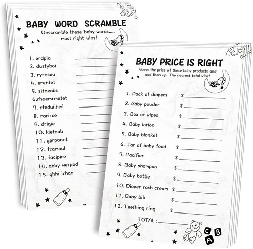 Vista 8 de OLOUTAB Juegos de Baby Shower para Niña - 2 Juegos (50 de Cada), Juego de Baby Shower Word Scramble y Price is Right, Doble Cara, Cartón Grueso