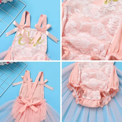 Vista 34 de Traje de bebé niña primer cumpleaños traje de encaje tul mameluco princesa tutú vestido de un año cumpleaños pastel Smash fotografía ropa