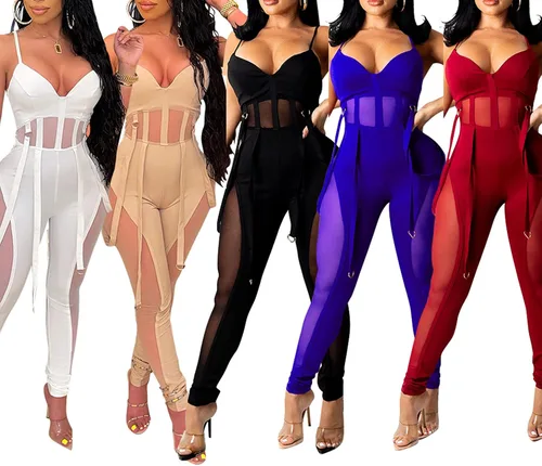 Vista 4 de Uni Clau Overol sexy de una pieza con tirantes delgados para mujer, overol de malla con retazos traslúcidos, pantalones largos para fiesta, club