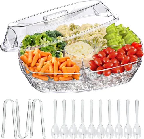 Vista 9 de LIMOEASY Paquete de 2 tazones pequeños refrigerados para servir, 25 onzas, cuenco enfriado con hielo para salsas con tapa para fiestas, plato