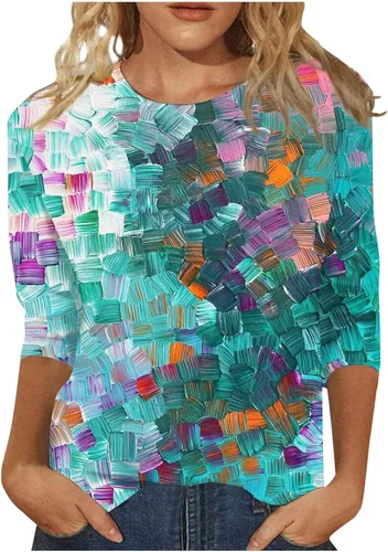 Vista 50 de Camisetas personalizadas para mujer, a la moda, casual, de séptima manga, estampada, cuello redondo, camiseta
