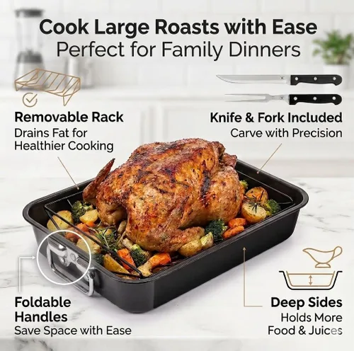 Vista 3 de Moss & Stone Cacerola para asar de acero al carbono con juego de estante de asado removible en forma de "V", bandeja para asar rectangular de 16.5