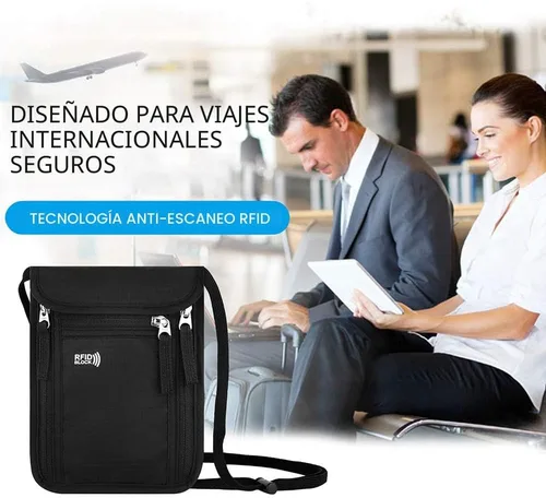 Vista 7 de Bolsa de viaje para el cuello, cartera para pasaporte familiar, funda organizadora con bloqueo RFID Negro
