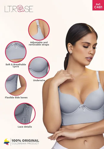 Vista 3 de LT. Rose C21486 Underwire Full Cup Wide Back Push Up Colombian Bustier Bra Brasier Colombiano para Mujer