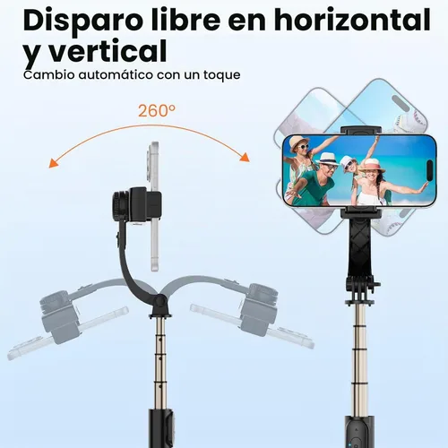 Vista 5 de Estabilizador de cardán para smartphone, cardán de mano de equilibrio automático de 1 eje, trípode extensible giratorio de 360°, control remoto Negro