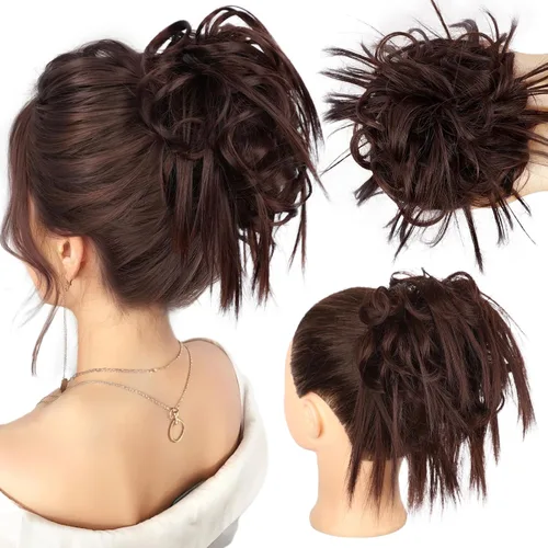Vista 46 de HMD - Extensiones de cabello tipo chongo alborotado con rodelo despeinado, banda elástica de goma, extensiones de cabello sintético para mujer