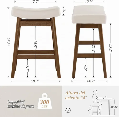 Vista 2 de Cozyman Juego de 3 taburetes de bar con patas de madera resistentes, taburetes de barra de altura de asiento de silla de montar para encimera