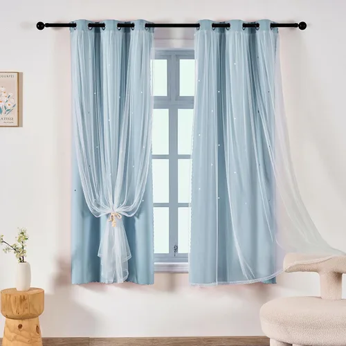 Vista 18 de indistar Cortinas opacas con recortes de estrellas para dormitorio de niña, cortinas de oscurecimiento para habitación de bebé, cortinas